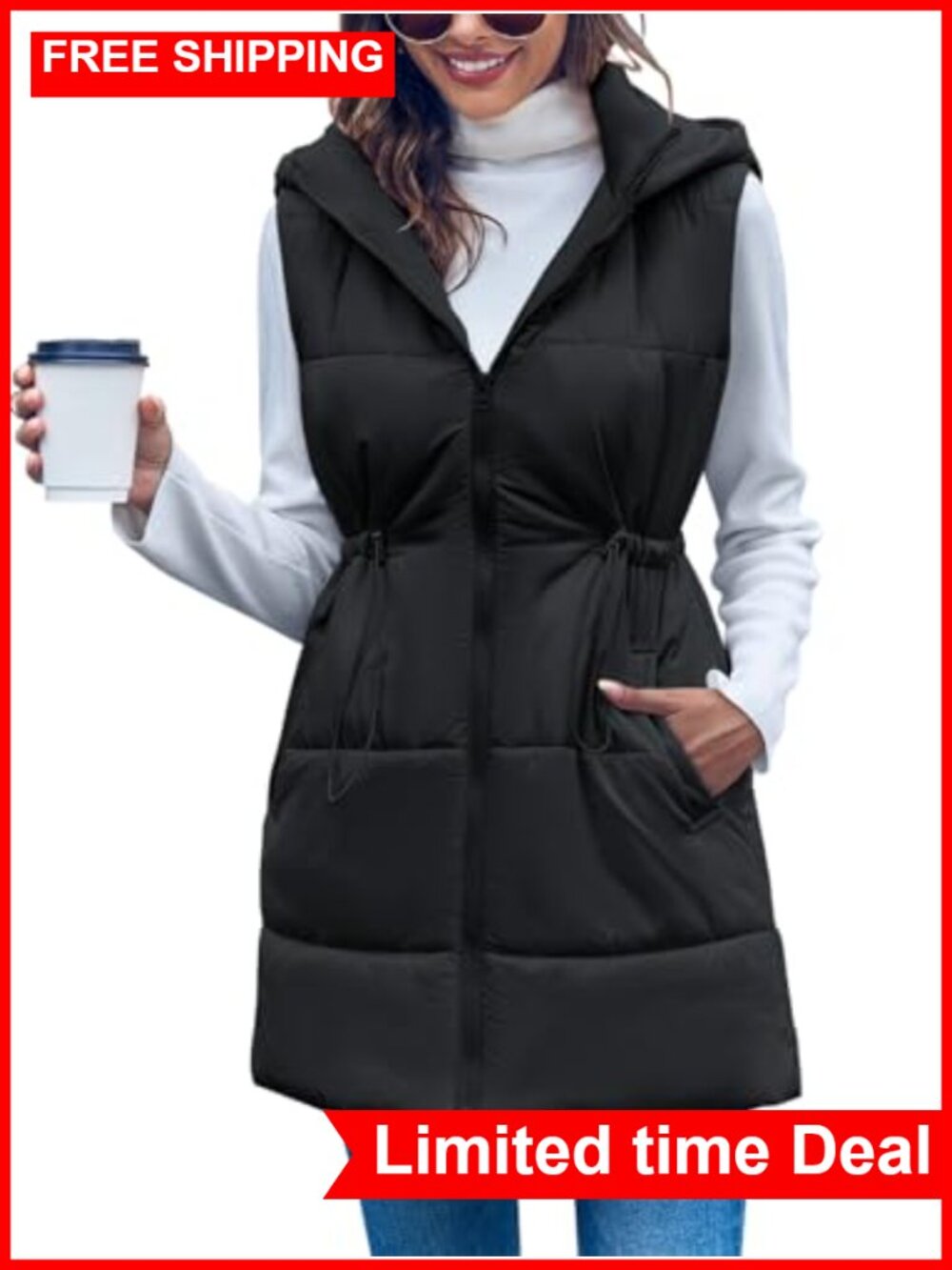 Quilted Puffer Vest Hooded Sleeveless Long Zip Up Winter Coat